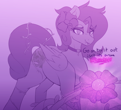 Size: 3999x3630 | Tagged: safe, artist:czu, imported from derpibooru, oc, oc only, oc:kennel nightshade, pegasus, pony, aphrodisiac, choker, female, flower, flower in hair, gem, hypnosis, magic, mare, offscreen character, pov, simple background, sketch, solo, submissive pov, vine
