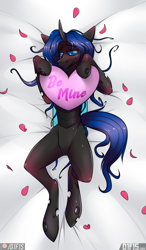 Size: 3000x5120 | Tagged: safe, artist:difis, imported from derpibooru, oc, oc only, oc:swift dawn, changeling, bed, blue changeling, blue mane, blushing, changeling oc, commission, fangs, flower petals, high res, holiday, horn, looking at you, lying down, male, on back, shy, sign, signature, simple background, smiling, smiling at you, solo, valentine's day, white background, wings, ych result