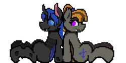 Size: 512x256 | Tagged: safe, artist:bitassembly, imported from derpibooru, oc, oc only, oc:mythic dawn, oc:swift dawn, bat pony, changeling, pony, back to back, bat pony oc, blue changeling, blue eyes, blue mane, brother and sister, brown mane, changeling oc, commission, duo, fangs, female, hairband, horn, looking at each other, looking at someone, male, pixel art, ponytail, purple eyes, siblings, simple background, sitting, transparent background, wings, ych result