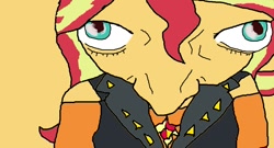 Size: 1022x550 | Tagged: safe, imported from derpibooru, sunset shimmer, 4chan, kubrick stare, looking at you, ms paint, orange background, shitposting, simple background, stylistic suck, zimbabwe
