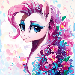 Size: 1536x1536 | Tagged: safe, derpibooru exclusive, imported from derpibooru, prompter:zealousmagician, pinkie pie, earth pony, pony, ai content, ai generated, blue eyes, bust, eyeshadow, female, flower, flower in hair, g4, generator:purplesmart.ai, generator:stable diffusion, makeup, mare, portrait, smiling, solo