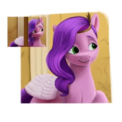 Size: 1200x1200 | Tagged: safe, artist:redquoz, imported from derpibooru, screencap, pipp petals, pegasus, pony, spoiler:g5, spoiler:my little pony: a new generation, adorapipp, cropped, cute, diadem, female, folded wings, g5, looking offscreen, mare, my little pony: a new generation, open mouth, open smile, raised hoof, redraw, screencap reference, smiling, smirk, solo, wings