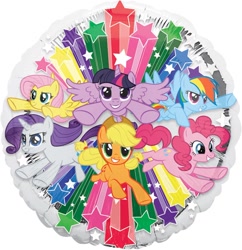 Size: 1352x1397 | Tagged: safe, imported from derpibooru, applejack, fluttershy, pinkie pie, rainbow dash, rarity, twilight sparkle, alicorn, earth pony, pegasus, pony, unicorn, balloon, female, flying, grin, group, mane six, mare, merchandise, sextet, simple background, smiling, smirk, spread wings, twilight sparkle (alicorn), white background, wings