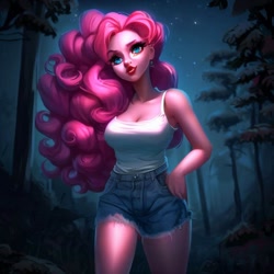 Size: 900x900 | Tagged: safe, imported from derpibooru, pinkie pie, human, equestria girls, legend of everfree, ai content, ai generated, bare shoulders, clothes, daisy dukes, denim, female, forest, generator:stable diffusion, jeans, night, pants, shorts, sleeveless, solo, tanktop, walking