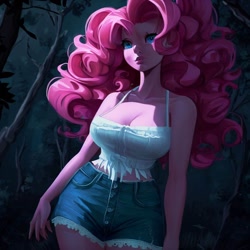 Size: 900x900 | Tagged: safe, imported from derpibooru, pinkie pie, human, equestria girls, ai content, ai generated, bare shoulders, breasts, busty pinkie pie, cleavage, clothes, daisy dukes, denim, dutch angle, female, forest, generator:stable diffusion, jeans, night, pants, shorts, sleeveless, solo, standing, tanktop