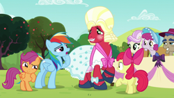 Size: 1280x720 | Tagged: safe, imported from derpibooru, screencap, apple bloom, big macintosh, rainbow dash, scootaloo, earth pony, pegasus, pony, brotherhooves social, bloomers, clothes, crossdressing, dress, female, filly, foal, male, mare, orchard blossom, stallion