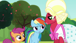 Size: 1280x720 | Tagged: safe, imported from derpibooru, screencap, big macintosh, rainbow dash, scootaloo, earth pony, pegasus, pony, brotherhooves social, bloomers, clothes, crossdressing, dress, female, filly, foal, male, mare, orchard blossom, stallion, trio