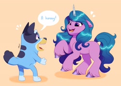Size: 4096x2896 | Tagged: safe, artist:artharuhi, imported from derpibooru, izzy moonbow, dog, pony, unicorn, bluey, bluey heeler, crossover, cute, dialogue, duo, duo male and female, eye contact, eyebrows, female, floating heart, g5, happy, heart, high res, izzybetes, looking at each other, looking at someone, male, open mouth, open smile, orange background, rearing, shadow, signature, simple background, smiling, smiling at each other, standing on two hooves, unshorn fetlocks