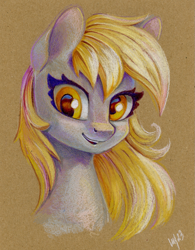Size: 935x1200 | Tagged: safe, artist:maytee, imported from derpibooru, part of a set, derpy hooves, pegasus, pony, bust, colored pencil drawing, derp, portrait, smiling, solo, traditional art
