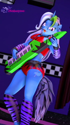 Size: 2160x3840 | Tagged: safe, artist:dietshantytown, imported from derpibooru, trixie, anthro, plantigrade anthro, unicorn, 3d, crossover, female, five nights at freddy's, horn, keytar, looking at you, musical instrument, nexgen, outfit, roxanne wolf, solo, source filmmaker, tail, tongue out