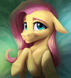 Size: 3159x3499 | Tagged: safe, artist:klarapl, imported from derpibooru, fluttershy, pegasus, pony, abstract background, bust, cute, female, floppy ears, folded wings, high res, looking at you, mare, raised hoof, shyabetes, smiling, smiling at you, solo, wings