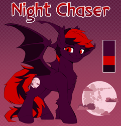 Size: 2800x2900 | Tagged: safe, artist:breloomsgarden, derpibooru exclusive, imported from derpibooru, oc, oc only, oc:night chaser, bat pony, pony, long hair, long mane, male, moon, reference sheet, smiling, solo, stallion, unshorn fetlocks, wings