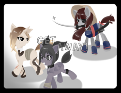 Size: 1300x1000 | Tagged: safe, artist:madokakoaki, imported from derpibooru, oc, oc only, oc:kazane, oc:ohasu, oc:tsukina, earth pony, pegasus, pony, unicorn, 8 ball, armor, asian conical hat, bandage, belt, boots, bow, collar, ear piercing, earring, eyepatch, female, hat, hoof shoes, japanese, jewelry, katana, mare, mouth hold, necktie, piercing, raised hoof, raised leg, running, scared, shoes, simple background, straw hat, sweat, sweatdrop, sword, tail, tail bow, tattoo, trio, weapon, white background