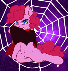 Size: 1825x1904 | Tagged: safe, artist:bluemoon, imported from derpibooru, pinkie pie, earth pony, pony, cape, fangs, female, full body, halloween, holiday, mare, nightmare night, solo, spider web, vampire costume