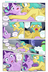 Size: 1920x2862 | Tagged: safe, artist:jeremy3, imported from derpibooru, starlight glimmer, sunshower raindrops, pegasus, pony, unicorn, comic:behind me, comic, fanart, female, kiss on the lips, kissing, lesbian, shipping, surprise kiss, surprised, twilight's castle