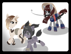 Size: 1300x1000 | Tagged: safe, alternate version, artist:madokakoaki, imported from derpibooru, oc, oc only, oc:kazane, oc:ohasu, oc:tsukina, earth pony, pegasus, pony, unicorn, 8 ball, armor, asian conical hat, bandage, belt, boots, bow, collar, ear piercing, earring, eyepatch, female, hat, hoof shoes, japanese, jewelry, katana, mare, mouth hold, necktie, piercing, raised hoof, raised leg, running, scared, shoes, simple background, straw hat, sweat, sweatdrop, sword, tail, tail bow, tattoo, trio, weapon, white background