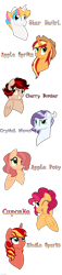 Size: 534x2338 | Tagged: safe, artist:faith-wolff, imported from derpibooru, oc, oc only, oc:apple posey, oc:apple spritz, oc:cherry bomber, oc:crystal waves, oc:cupcake, oc:kindle sparz, oc:star swirl, pegasus, pony, unicorn, bust, cowboy hat, female, freckles, grin, hair over one eye, hat, horn, male, mare, name, offspring, one eye closed, open mouth, open smile, parent:applejack, parent:big macintosh, parent:cheese sandwich, parent:dumbbell, parent:flim, parent:fluttershy, parent:pinkie pie, parent:rainbow dash, parents:cheesepie, parents:dumbdash, parents:flimjack, parents:fluttermac, pegasus oc, simple background, smiling, stallion, transparent background, unicorn oc, wink
