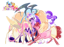 Size: 1280x944 | Tagged: safe, artist:shirecorn, imported from derpibooru, applejack, fluttershy, pinkie pie, rainbow dash, rarity, twilight sparkle, earth pony, pegasus, pony, unicorn, curved horn, horn, leonine tail, mane six, redesign, simple background, size difference, tail, unshorn fetlocks, white background