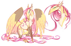 Size: 1280x828 | Tagged: safe, artist:shirecorn, imported from derpibooru, fluttershy, pegasus, pony, leonine tail, long mane, long tail, redesign, simple background, solo, tail, white background