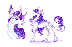 Size: 1280x828 | Tagged: safe, artist:shirecorn, imported from derpibooru, rarity, classical unicorn, pony, unicorn, chest fluff, cloven hooves, curved horn, fetlock tuft, horn, leonine tail, simple background, solo, tail, unshorn fetlocks, white background