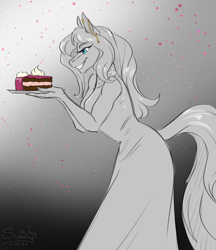 Size: 1208x1400 | Tagged: safe, artist:sunny way, imported from derpibooru, anthro, earth pony, birthday, birthday cake, cake, clothes, dress, dressed, ear piercing, earring, female, food, happy, happy birthday, jewelry, mare, party, patreon, patreon reward, piercing, smiling, solo