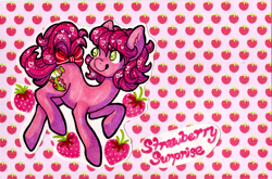 Size: 800x527 | Tagged: safe, artist:plagioclasefeldspar, imported from derpibooru, strawberry surprise, earth pony, pony, bow, female, food, g1, mare, raised hoof, raised leg, smiling, strawberry, tail, tail bow, traditional art