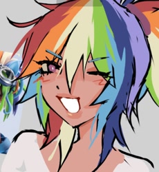 Size: 900x980 | Tagged: safe, artist:gorkujo, imported from derpibooru, rainbow dash, human, bust, clitoris, female, gray background, humanized, lips, looking at you, nudity, simple background, smiling, smiling at you, solo, vulva, vulvar winking
