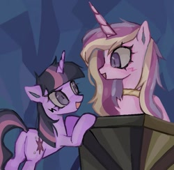 Size: 761x744 | Tagged: safe, artist:gorkujo, imported from derpibooru, princess cadance, twilight sparkle, alicorn, pony, unicorn, a canterlot wedding, butt, cart, duo, duo female, female, floppy ears, looking at each other, looking at someone, open mouth, open smile, plot, redraw, scene interpretation, sisters-in-law, twibutt, unicorn twilight