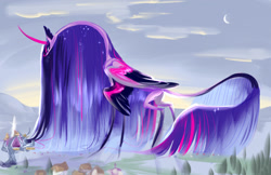 Size: 1280x828 | Tagged: safe, artist:shirecorn, imported from derpibooru, twilight sparkle, alicorn, pony, cloud, cloudy, giant pony, head wings, leonine tail, long mane, long tail, macro, moon, multiple wings, ponyville, redesign, solo focus, tail, twilight sparkle (alicorn), twilight's castle, wings