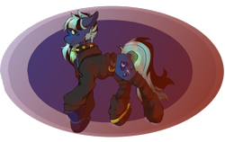 Size: 1196x758 | Tagged: safe, artist:wifflethecatboi, imported from derpibooru, oc, oc only, oc:moonie hearts, earth pony, pony, anklet, belt, belt buckle, black socks, blue coat, cheek heart, choker, clothes, colored hooves, cutie mark, gradient background, green mane, green tail, hoodie, jewelry, leg warmers, multicolored mane, scene, scene hair, simple background, socks, solo, spiked choker, striped socks, tail, thigh highs, transparent background