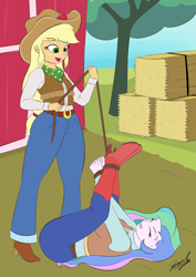 Size: 2480x3508 | Tagged: safe, artist:reminic, imported from derpibooru, applejack, princess celestia, human, equestria girls, angry, belt, bondage, boots, clothes, cowboy boots, cowboy hat, cowgirl, cowgirl outfit, cross-popping veins, denim, emanata, eyes closed, farm, grin, hat, hay bale, hogtied, jeans, looking down, lying down, on back, open mouth, open smile, pants, principal celestia, rope, shoes, smiling, stetson, tied up, tree