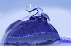 Size: 1280x828 | Tagged: safe, artist:shirecorn, imported from derpibooru, princess luna, alicorn, pony, curved horn, giant pony, head wings, horn, macro, moon, multiple wings, redesign, shadow, solo, wings
