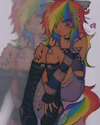 Size: 1280x1600 | Tagged: safe, artist:gorkujo, imported from derpibooru, rainbow dash, human, eared humanization, female, heart, humanized, looking at you, piercing, sitting, solo, tail, tailed humanization, zoom layer
