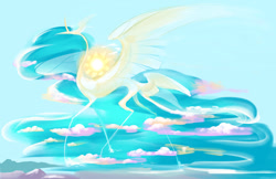 Size: 1280x828 | Tagged: safe, artist:shirecorn, imported from derpibooru, princess celestia, alicorn, pony, butt wings, cloud, giant pony, giantlestia, head wings, macro, multiple wings, solo, sun, wings