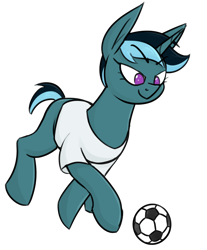 Size: 1032x1249 | Tagged: safe, artist:moonatik, imported from derpibooru, oc, oc only, oc:sol nightshade, pony, unicorn, clothes, fanfic art, foal, football, horn, shirt, simple background, solo, sports, transparent background, unicorn oc, younger