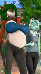 Size: 2160x3840 | Tagged: safe, artist:donglysfm, imported from derpibooru, oc, oc:aspen frost, oc:tea tree, anthro, deer, 3d, antlers, belly, big belly, big breasts, breasts, bucktooth, clothes, deer oc, female, glasses, hands-free bubble tea challenge, midriff, non-pony oc, pants, pregnant, revamped anthros, siblings, sisters, source filmmaker, sweatpants, tube top, younger