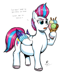 Size: 1279x1458 | Tagged: safe, artist:duragan, derpibooru exclusive, imported from derpibooru, zipp storm, pegasus, pony, belly, chonk, chubby, colored wings, dialogue, fat, female, folded wings, food, g5, hoof hold, ice cream, ice cream cone, implied weight gain, lidded eyes, looking at someone, mare, multicolored mane, multicolored tail, multicolored wings, offscreen character, plump, rough sketch, signature, simple background, tail, talking, unshorn fetlocks, weight gain, white background, wings, zipp is a marshmallow, zipp slob