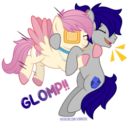 Size: 900x869 | Tagged: safe, artist:jennieoo, imported from derpibooru, oc, oc:gentle star, oc:maverick, earth pony, pegasus, pony, eyepatch, friends, glomp, happy, hug, laughing, ponytail, show accurate, simple background, smiling, solo, spread wings, transparent background, wings