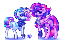 Size: 3800x2400 | Tagged: safe, artist:mannybcadavera, imported from derpibooru, rarity, twilight sparkle, alicorn, pony, unicorn, alternate hairstyle, butt, clothes, denim, duo, eyeshadow, female, high res, leather, leather vest, lidded eyes, looking at you, looking back, looking back at you, makeup, mare, plot, punk, punklight sparkle, raripunk, rearity, simple background, smiling, smiling at you, spiked wristband, twibutt, twilight sparkle (alicorn), vest, white background, wristband