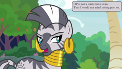 Size: 1280x720 | Tagged: safe, edit, edited screencap, imported from derpibooru, screencap, zecora, she talks to angel, cute, ear piercing, earring, jewelry, necklace, op is a swan (reaction image), piercing, reaction image, speech, speech bubble, talking, zecorable