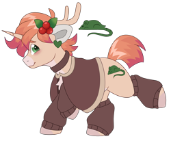 Size: 6094x5011 | Tagged: safe, artist:crazysketch101, imported from derpibooru, pony, unicorn, antlers, cape, clothes, collar, ear piercing, earring, holly, jewelry, leg warmers, piercing, simple background, solo, transparent background