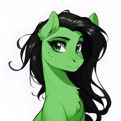 Size: 1024x1024 | Tagged: safe, imported from derpibooru, oc, oc:anon-mare, earth pony, ai content, ai generated, black mane, chest fluff, female, freckles, generator:stable diffusion, green coat, green eyes, mare, prompter:scamper, simple background, solo, white background