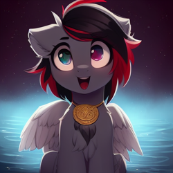 Size: 512x512 | Tagged: safe, editor:darkshy, imported from derpibooru, oc, oc:darkshy, pegasus, pony, ai content, ai generated, blue eyes, chest fluff, ear fluff, fluffy, generator:purplesmart.ai, generator:stable diffusion, heterochromia, pegasus oc, purple eyes, red hair, solo