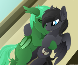 Size: 1850x1555 | Tagged: safe, artist:andaluce, imported from derpibooru, oc, oc only, oc:eklipse, oc:poni, bat pony, pegasus, chest fluff, cuddling, cute, duo, ear fluff, eyes closed, lineless, male, smiling, stallion