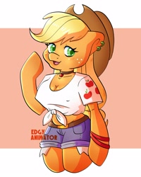 Size: 2000x2500 | Tagged: safe, artist:edgyanimator, derpibooru exclusive, imported from derpibooru, applejack, anthro, earth pony, accessory, alternate design, applebetes, applejack's hat, arm hooves, armband, bangs, belly, belt, big breasts, blonde, blonde hair, blonde mane, blushing, breasts, busty applejack, cel shading, choker, cleavage, clothes, colored, cowboy hat, cutie mark on clothes, digital art, ear piercing, earpiece, earring, erect nipples, eyelashes, female, firealpaca, freckles, green eyes, half body, happy, hat, highlights, jewelry, long hair, long mane, mare, nipple outline, no tail, open mouth, orange background, orange coat, orange fur, piercing, ponytail, raised hoof, shading, short shirt, shorts, signature, simple background, simple shading, smiling, solo, standing, stupid sexy applejack, watermark