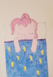 Size: 1871x2712 | Tagged: safe, artist:ceffyl-dŵr, imported from derpibooru, pinkie pie, earth pony, pony, crayon drawing, pillow, sleeping, solo, traditional art