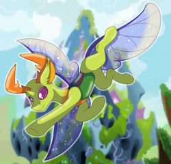 Size: 1958x1882 | Tagged: safe, artist:bryony6210, imported from derpibooru, thorax, changedling, changeling, changeling hive, changeling horn, changeling king, changeling kingdom, changeling wings, cloud, cute, digital art, eyebrows, flying, grass, horn, horns, insect wings, king thorax, looking down, male, purple eyes, sky, smiling, solo, sparkles, spread wings, thorabetes, transparent wings, wings