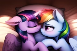 Size: 3072x2048 | Tagged: safe, imported from derpibooru, rainbow dash, twilight sparkle, alicorn, pegasus, pony, ai content, ai generated, bed, blushing, cuddling, cute, duo, duo female, eyes closed, female, generator:novelai, generator:stable diffusion, happy, high res, horn, indoors, lesbian, lidded eyes, looking at someone, loving gaze, lying down, mare, on side, pillow, prompter:endless--, shipping, smiling, snuggling, twidash, twilight sparkle (alicorn), wings