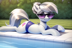 Size: 768x512 | Tagged: safe, imported from derpibooru, silver spoon, earth pony, pony, ai content, ai generated, alternate cutie mark, alternate hairstyle, backyard, clothes, generator:novelai, generator:stable diffusion, grass, hair bun, lying down, older, older silver spoon, poolside, prone, solo, sunglasses, swimming pool, swimsuit, tail, tail wrap, wrong cutie mark