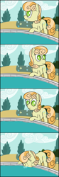 Size: 2000x6000 | Tagged: safe, artist:everfreeemergencies, junebug, earth pony, pony, /bale/, 4 panel comic, blowing bubbles, comic, eyes closed, female, fountain, mare, silly, silly pony, smiling, solo, water